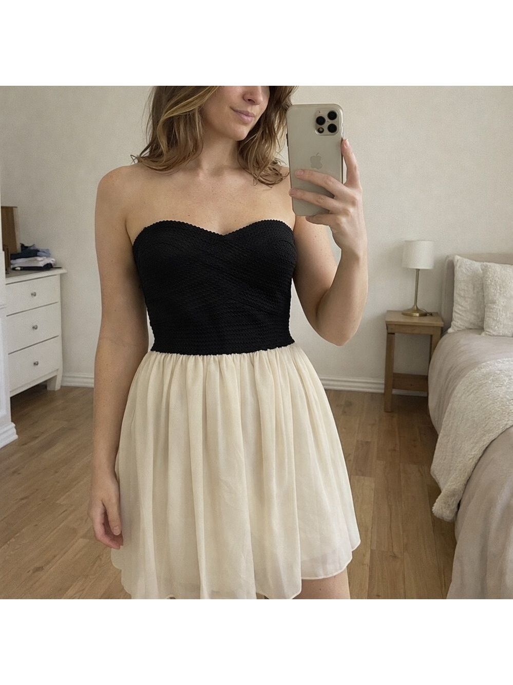 Dainty France strapless mini dress 2 tones cream black chiffon flowy skirt Large